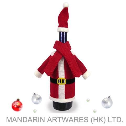 17cmL Christmas Santa Bottle Knit Cover with Hat & Scarf (Red)