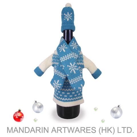 17cmL Christmas Santa Bottle Knit Cover with Hat & Scarf (Blue)