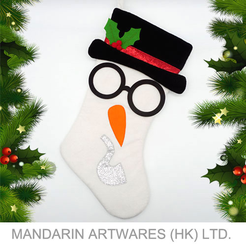 45cmL White Velboa Snowman with Glasses Xmas Stocking