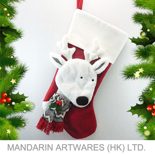 45cmL 3D White Reindeer w/Scarf Christmas Stocking