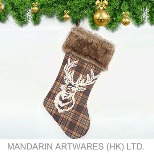 45cmL Reindeer with Brown Checker Christmas Stocking
