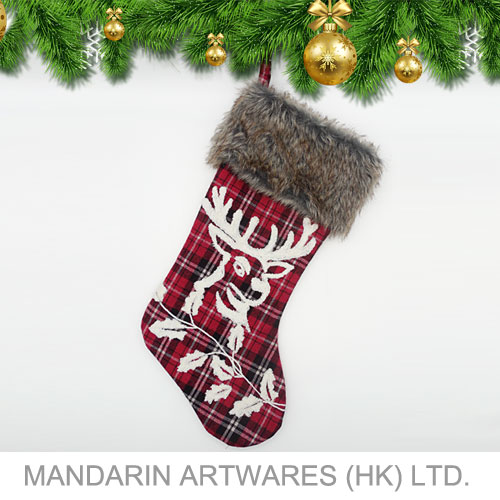 45cmL Moose with Red Checker Christmas Stocking