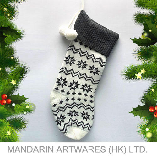 20"L White Knitted Snowflake Christmas Stocking w/POM POM