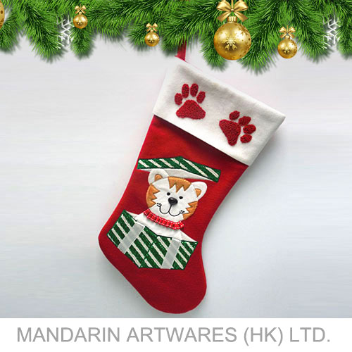 45cmL Fleece Lovely "Cat in Gift Box" Christmas Stocking (Red)