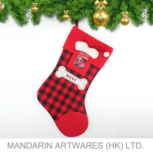 20"L Buffalo Plaid Dog Bone Christmas Stocking (Red/ Black)