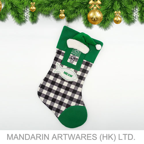 20"L Buffalo Plaid Fish Christmas Stocking (Green/ Black)