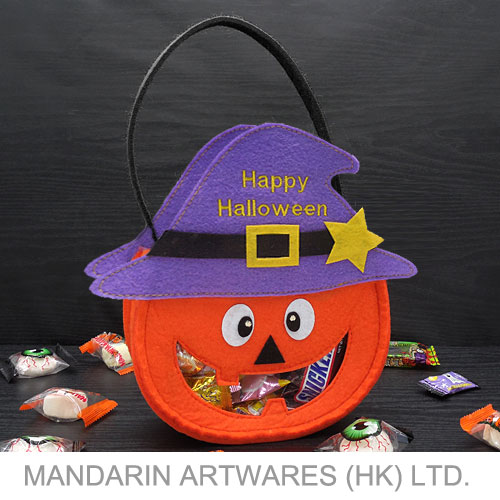 22cmH Orange Pumpkin Felt Bag w/ PVC Window