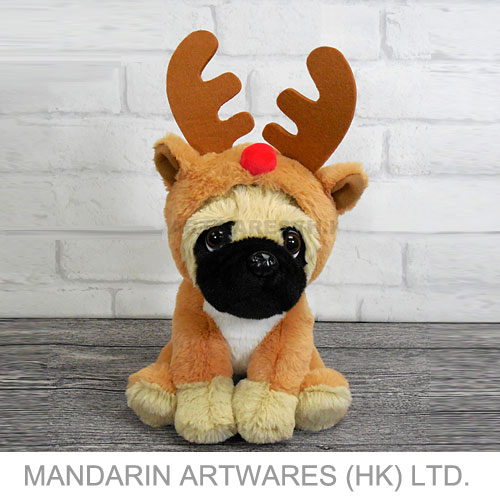8"H Cuddly Pug Dog Plush (Reindeer)